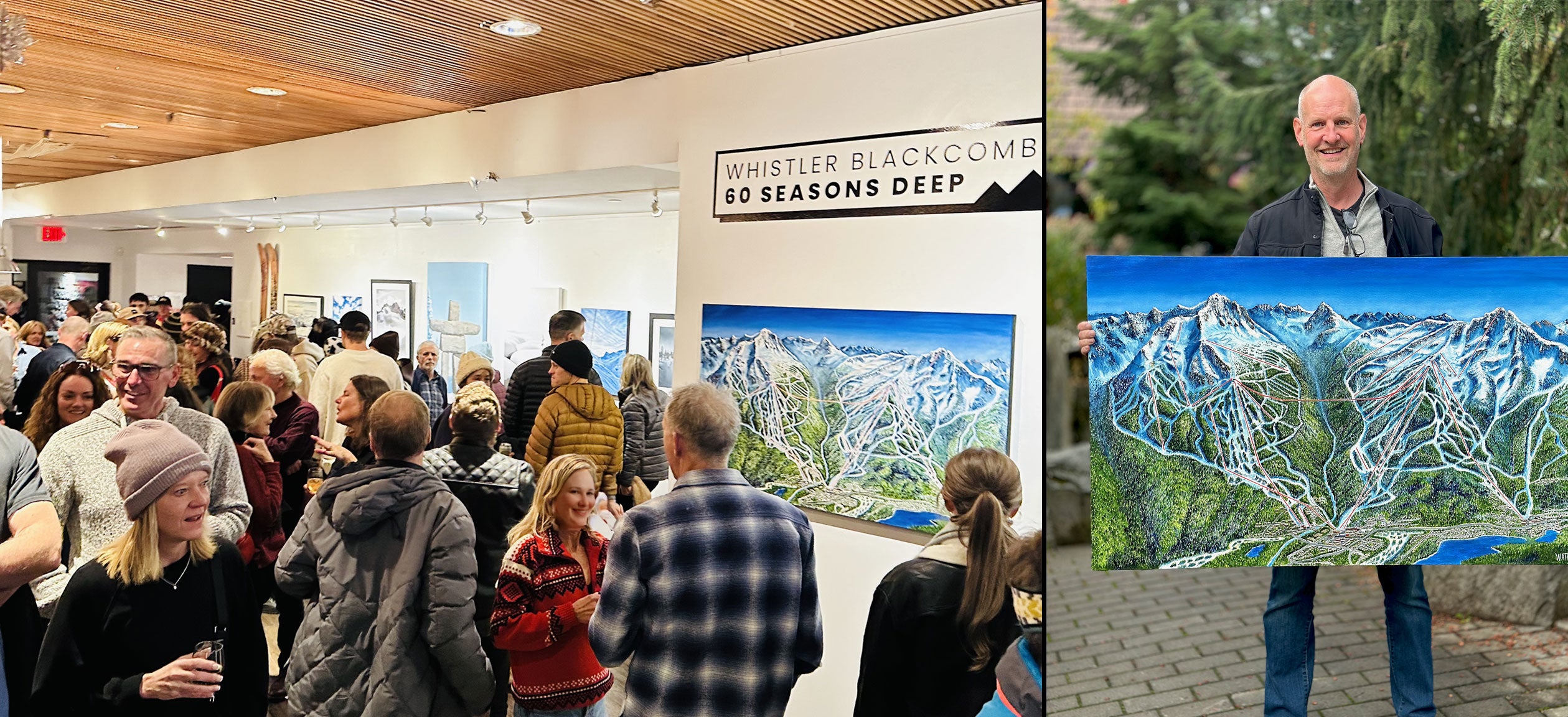 People gathered in art gallery with a large oil painting of Whistler Blackcomb, followed by local artist Graham Watts holding his original painting of whistler.