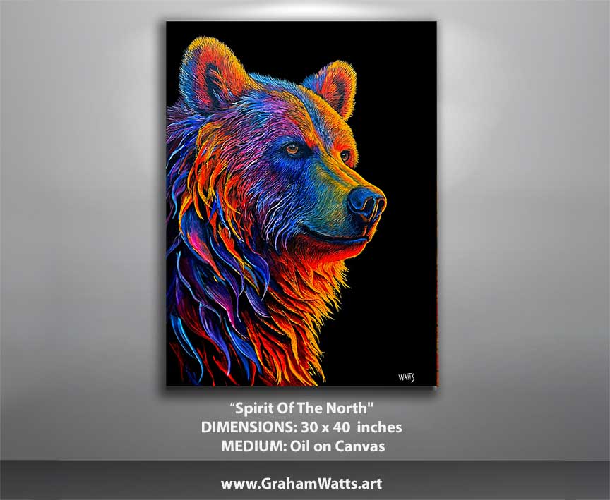 Colorful bear painting titled 'Spirit Of The North' by Graham Watts on a gray wall.