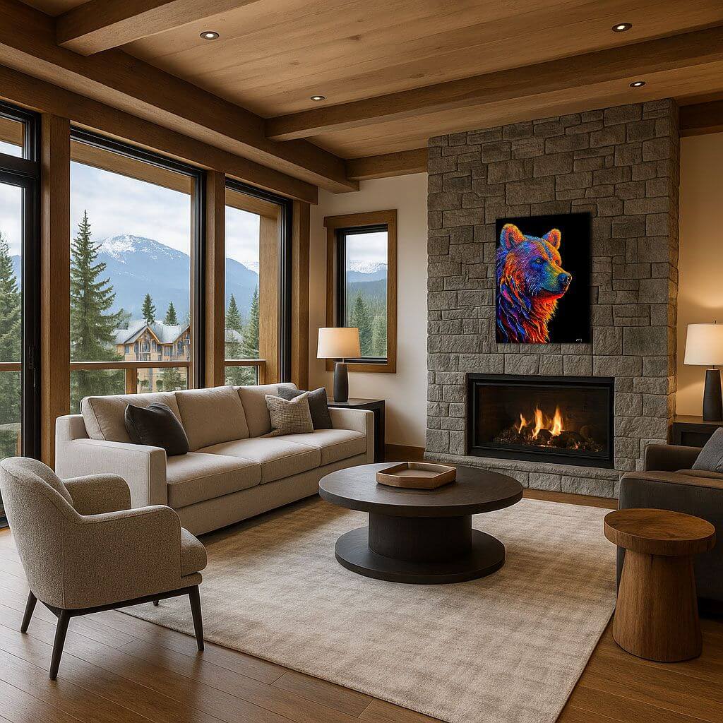 Cozy living room featuring a Grizzly Bear Painting "Spirit of the North" above a modern stone fireplace.
