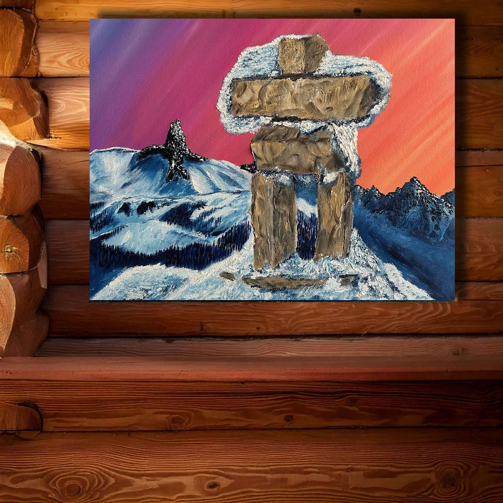 Mountain Art "Whistler Peak – Whistler BC"  Peak with an Inukshuk against a pink and orange sky.