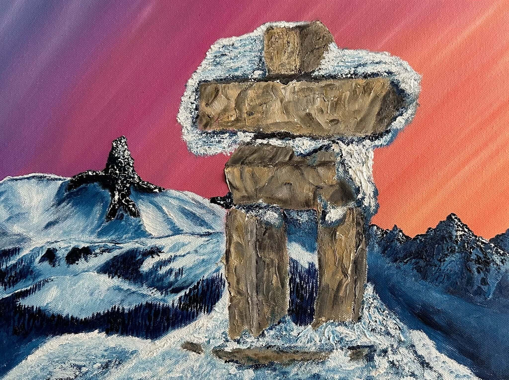 Mountain Art painting of Whistler Peak with an Inukshuk against a pink and orange sky.