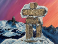 Mountain Art painting of Whistler Peak with an Inukshuk against a pink and orange sky.