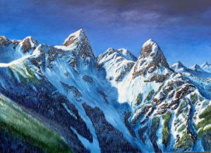 Vancouver, bc The lions mountains peaks by local artist graham watts. Discover the perfect blend of creativity and affordability with this exquisite oil painting print on canvas. Ideal for art enthusiasts looking to commission original, personalized artworks. Enhance your space with this unique piece and experience the ease of buying affordable art online. By Canadian artist Graham Watts. www.grahamwatts.art