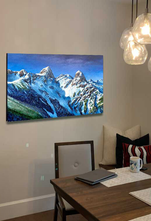 commission artwork, Canadian artist graham watts displays his custom oil painting of The Lions in West Vancouver. hung ton the clients dining room wall.