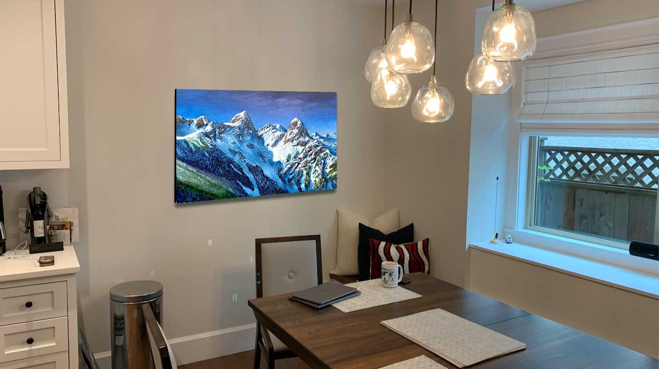 commission art work, Candian artist graham watts displays his custom oil painting of The Lions in West Vancouver. hung ton the clients dining room wall.