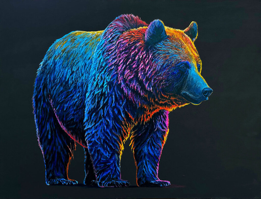 Vibrant painting of a bear in a spectrum of blue, purple, and orange hues against a dark background, highlighting its majestic form and texture.