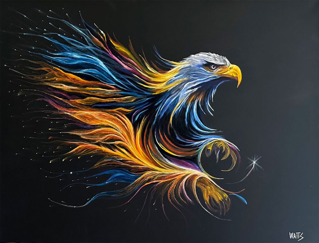 Stylized painting of an eagle, depicted with a dynamic array of flowing feathers in vibrant colors of blue, yellow, and orange against a dark background, capturing the spirit and movement of the majestic bird.