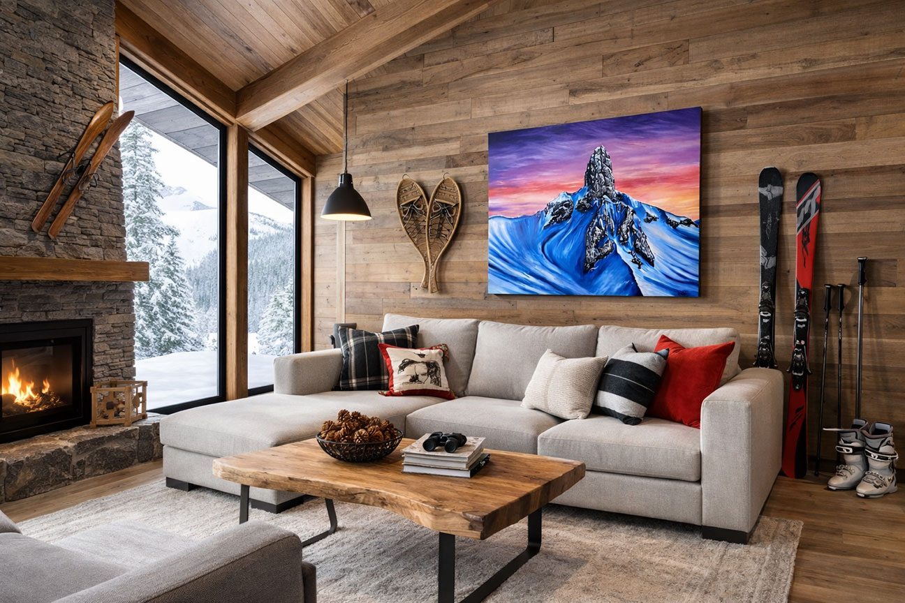 Room example featuring Graham Watts’ Black Tusk painting in a Whistler chalet