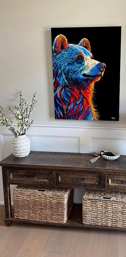 Vibrant Majesty displayed in a contemporary living space. Graham can help collectors visualize a painting in their own room.