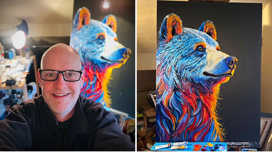 Canadian landscape and wildlife artist Graham Watts beside his Vibrant Majesty oil painting