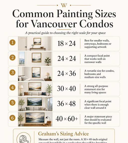 Infographic showing common painting sizes for Vancouver condos, from 18 × 24 to 40 × 60+ inches, with room examples and original art sizing advice from Vancouver artist Graham Watts.