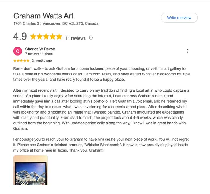 Five-star Google review from Texas collector Charles W. Devoe about his commissioned Whistler Blackcomb painting by Graham Watts.